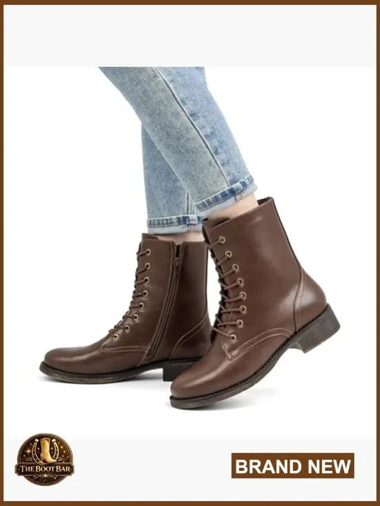 Women's Mid Calf Combat Boots Lace-Up Zipper Low Heel Faux Leather - Picture 2 of 7